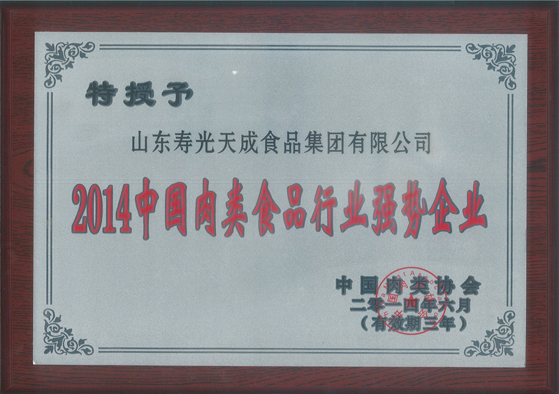 中國肉類食品行業(yè)強(qiáng)勢企業(yè)獎牌