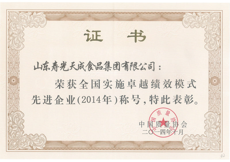 卓越績(jī)效模式先進(jìn)企業(yè)證書(shū)
